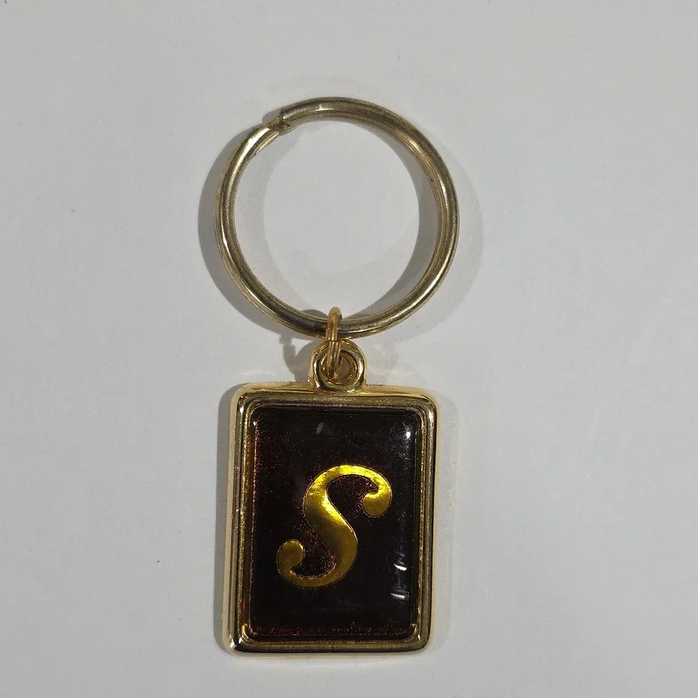 Gold Tone Rectangular Keychain with Initial 